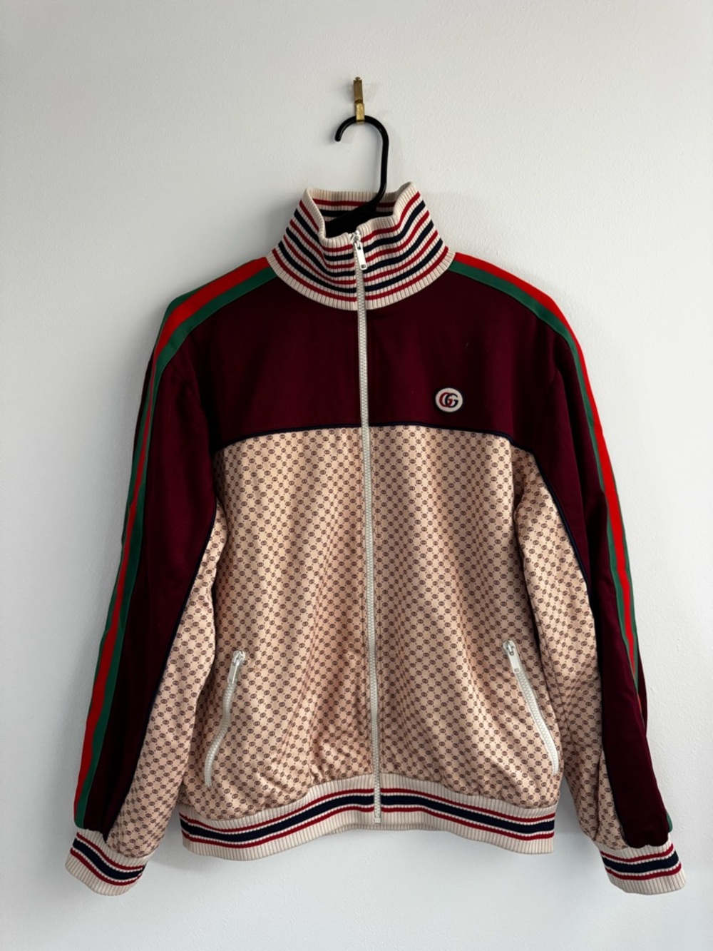 Gucci Burgundy & Beige Zip-Front Track Jacket with Red-Green Stripes